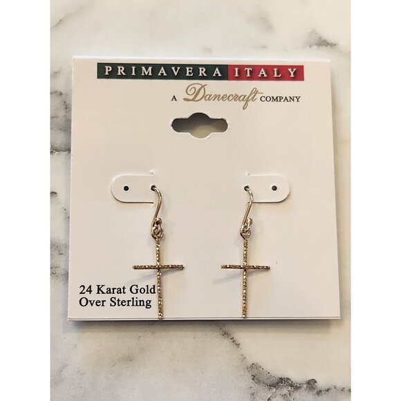 Danecraft 24K Gold Over Sterling Silver Cross Dangle Earrings Primavera Italy - Picture 1 of 5